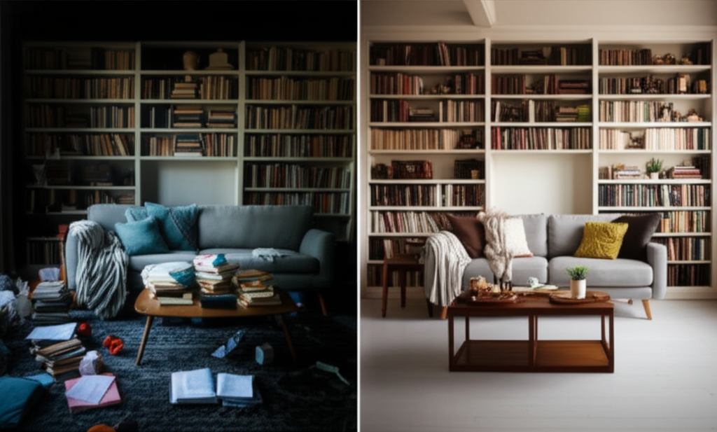 Wohnzimmer vor der Entrümpelung - unordentlich und überfüllt